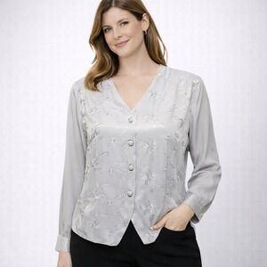 New York City Design Co 90s Silver Floral Beaded Satin Button Front Blouse 14